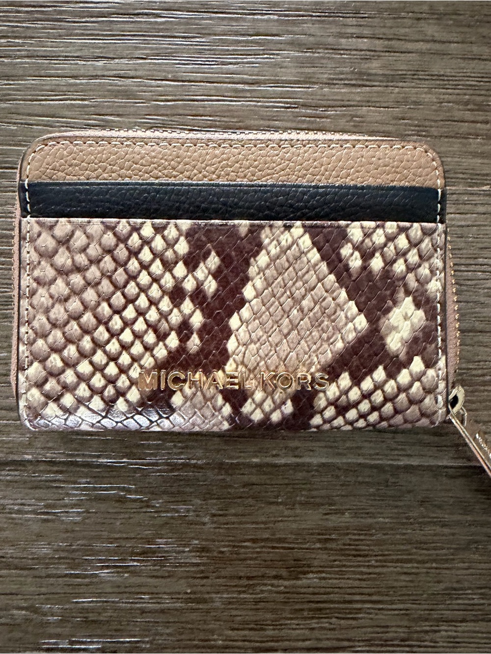 Michael Kors Brown and Cream Snake-Print Zip Card Wallet